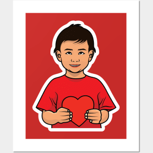 Cute Boy Holding Heart with Showing Emotion Sticker design vector illustration. People holiday icon concept. People holding hearts. People expressing love concept. Posters and Art